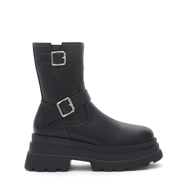 Metal Buckle Platform Biker Boots Black