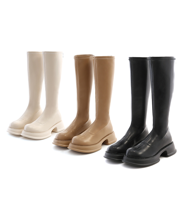 Plain Lightweight Thick Sole Slimming Tall Boots Beige