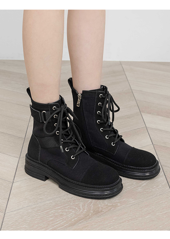 Stitching Lace-Up Biker Boots Black