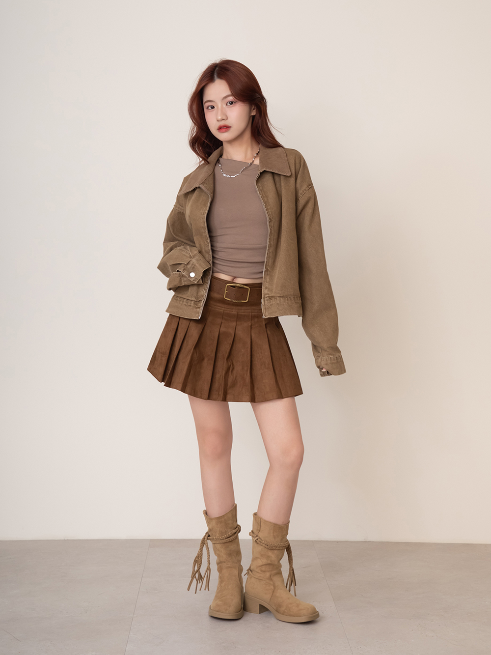 沙漠游牧風流蘇V口西部短靴 杏色