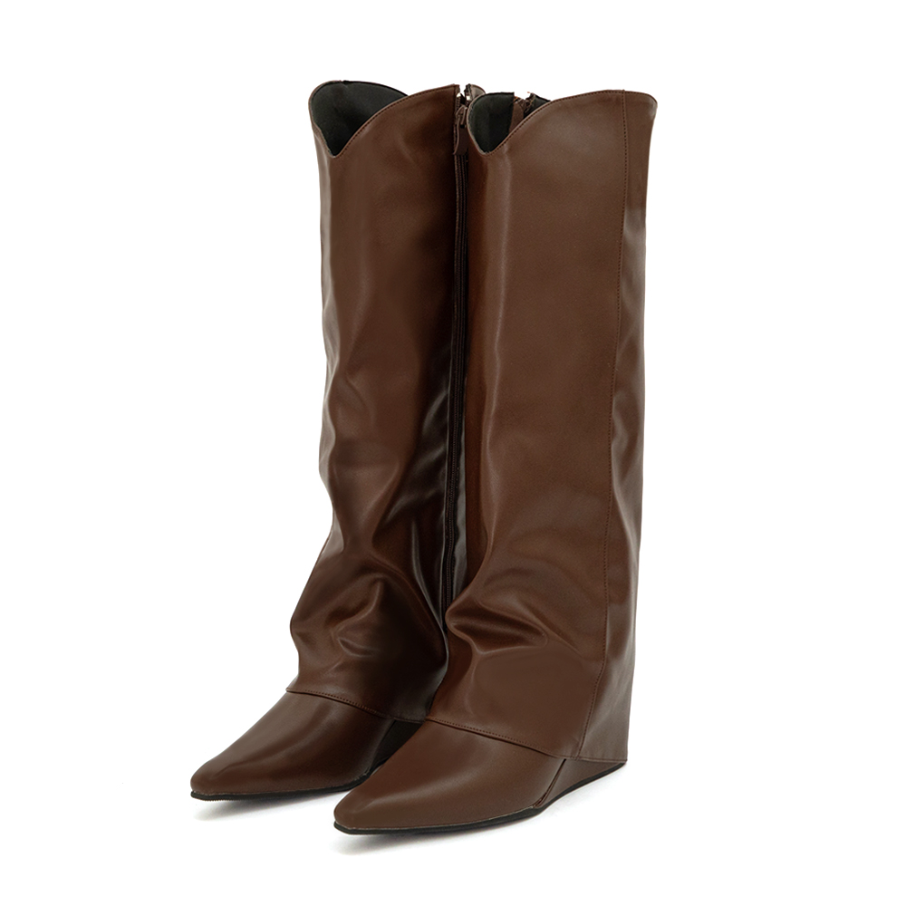 時髦超模V口隱形增高褲管長靴 咖啡色