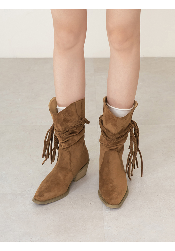 吉普賽流蘇小V口牛仔短靴 棕色
