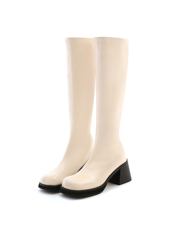 Round Toe Block Heel Slimming Boots Vanilla