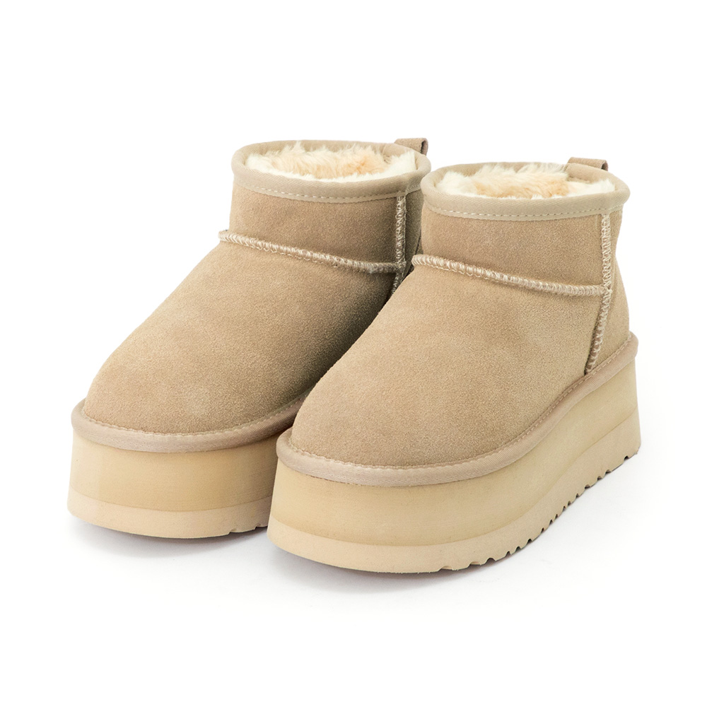 冬戀5cm增高底真皮短筒雪靴 沙色