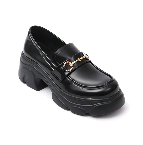 Trendy Horsebit Chunky Sole Loafers Black Patent