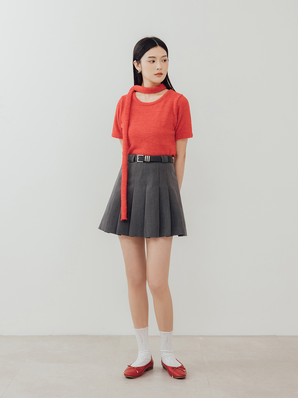 浪漫花釦．小蝴蝶結平底芭蕾娃娃鞋 魅力紅