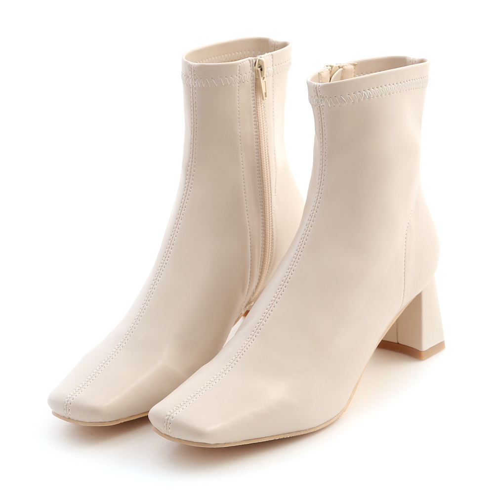 Plain Square Toe Mid-Heel Slimming Boots French Vanilla White