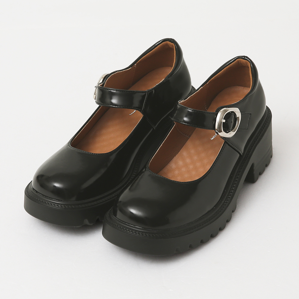 Metal Buckle Lightweight Thick Sole Mary Jane Shoes Patent black