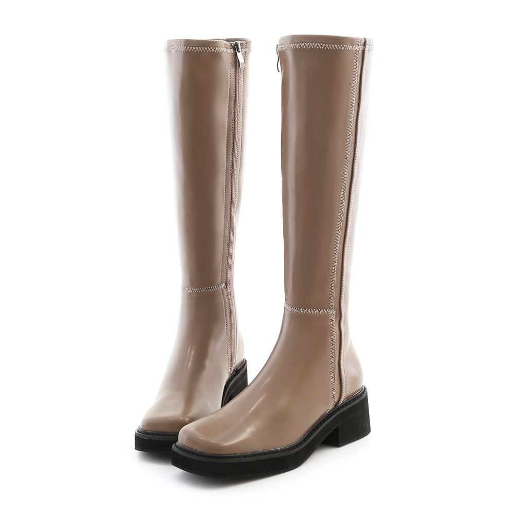 Stitched Square Toe Thick Sole Tall Boots Mocha grey