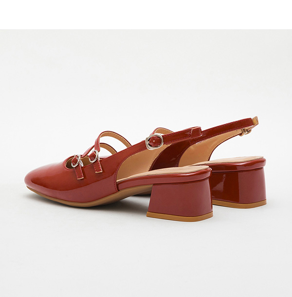 Patent Leather Double Strap Low-Heel Slingback Mary Jane Shoes 磚紅