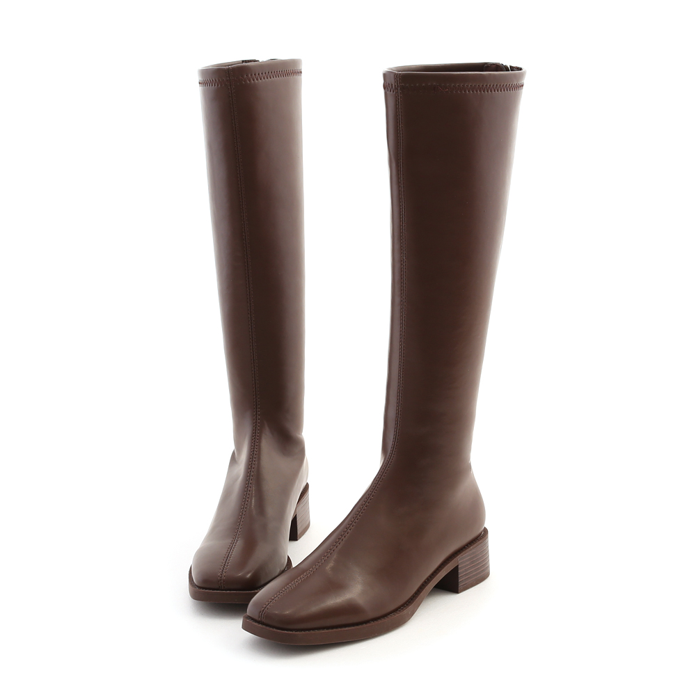 好感專屬．中車線設計方頭低跟長靴 復古咖