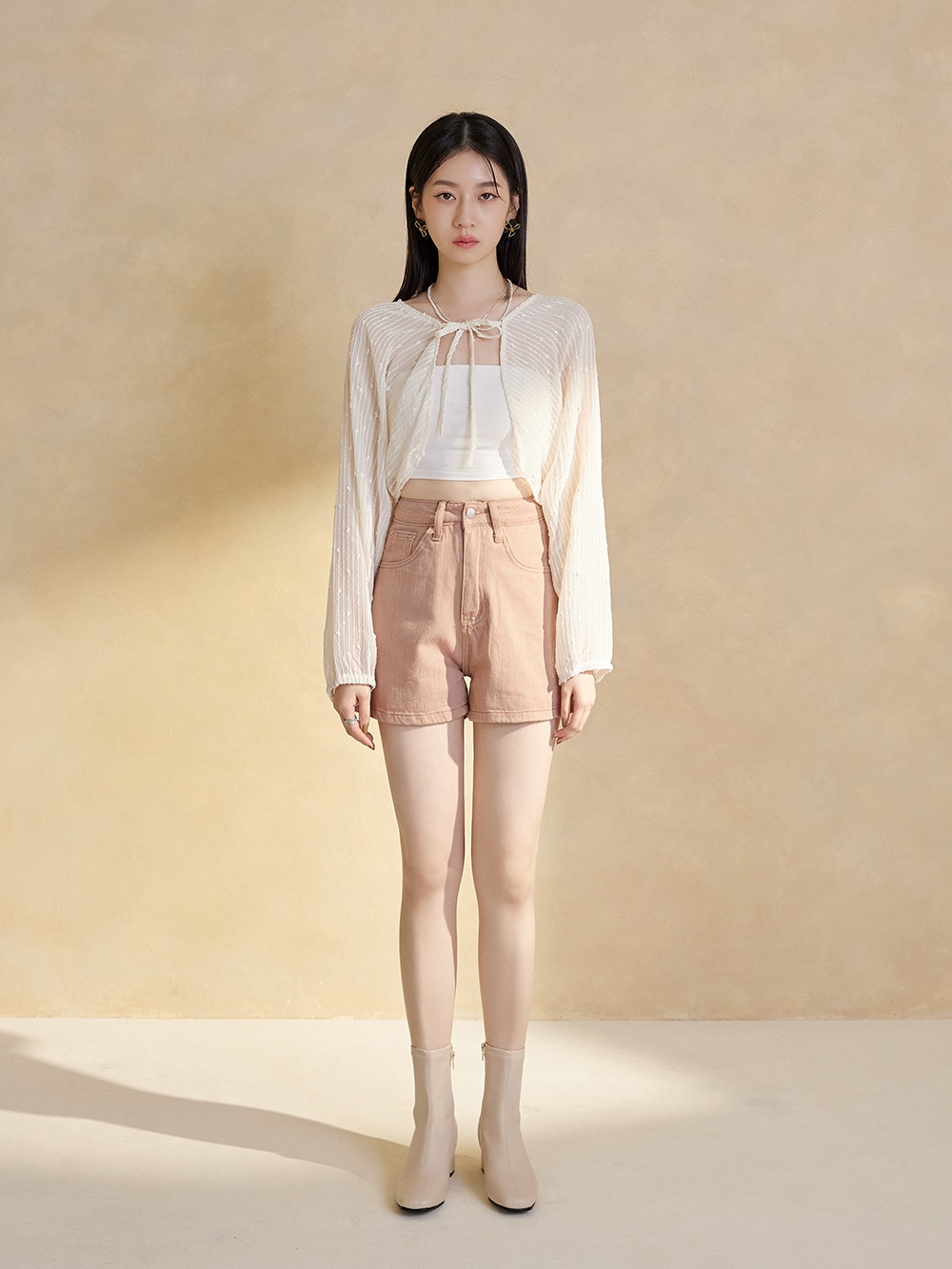 秋冬定番．素面合腿中跟方頭襪靴 人氣米白