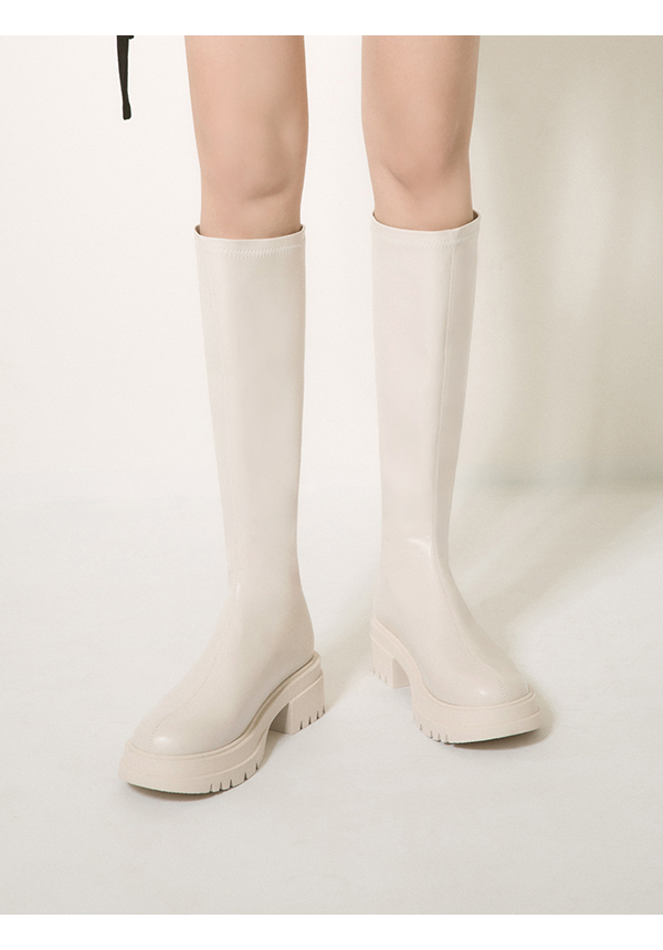 Plain Thick Sole Tall Boots Vanilla