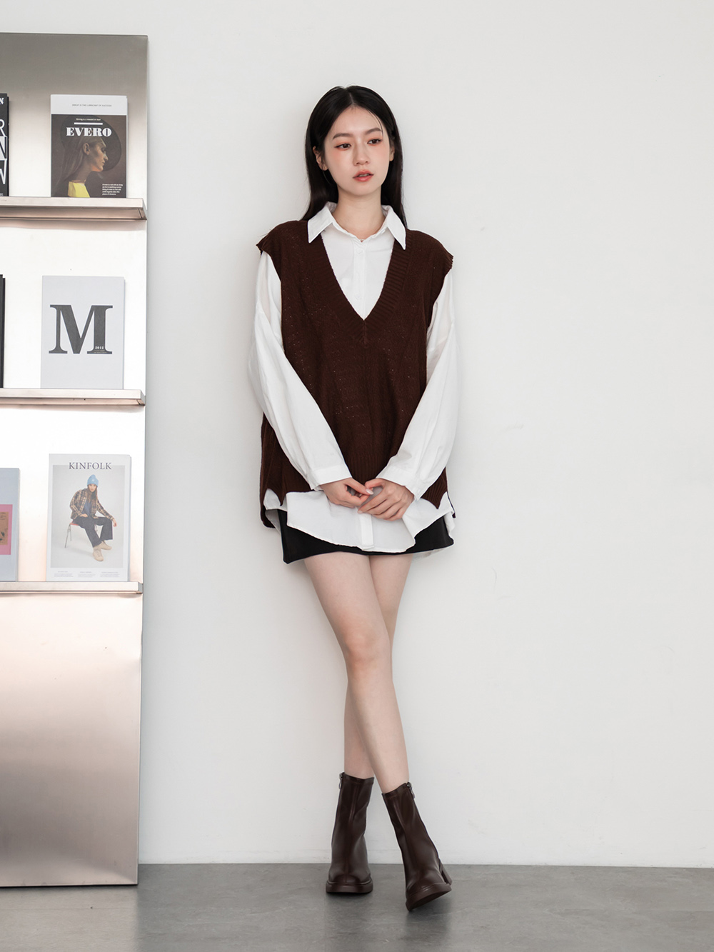 美拍風格方頭木紋跟瘦瘦靴 咖啡