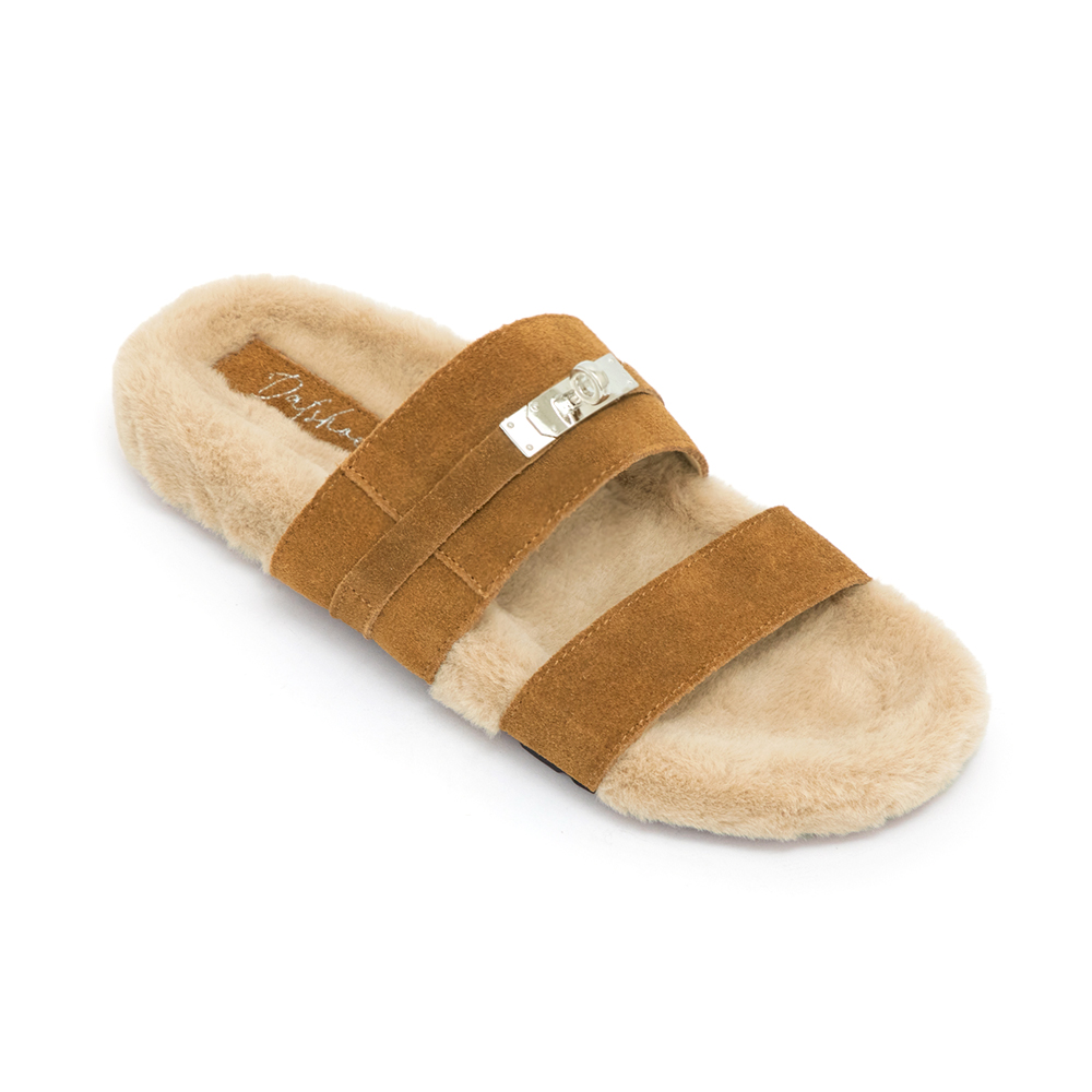 質感金屬鎖釦真皮毛毛拖鞋 棕色