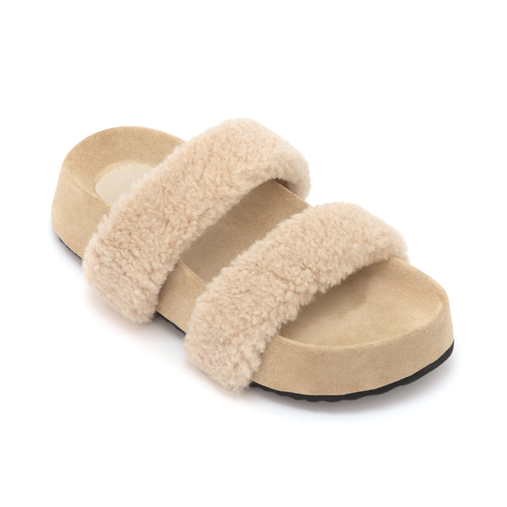 QQ小捲毛一字雙帶厚底拖鞋 杏色