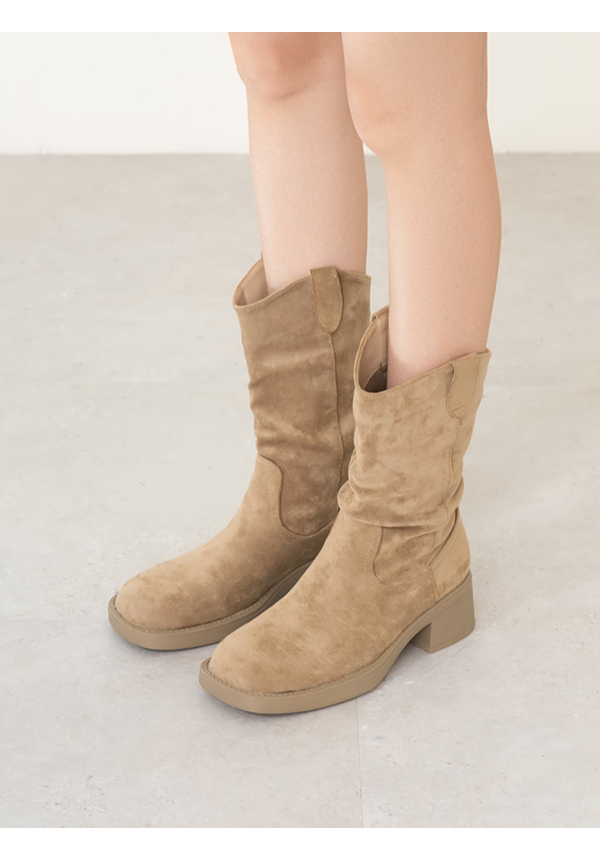 嬉皮小V口抓皺西部堆堆靴 杏色