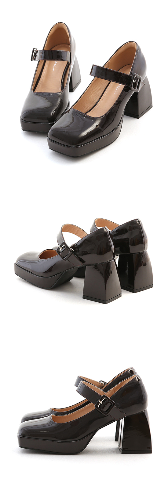 Patent Square Toe Mary Jane Heels Dark Brown