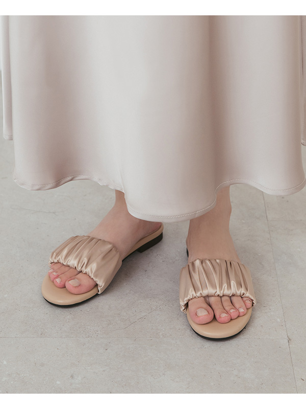 Satin Ruched Details  Flat Slides Beige