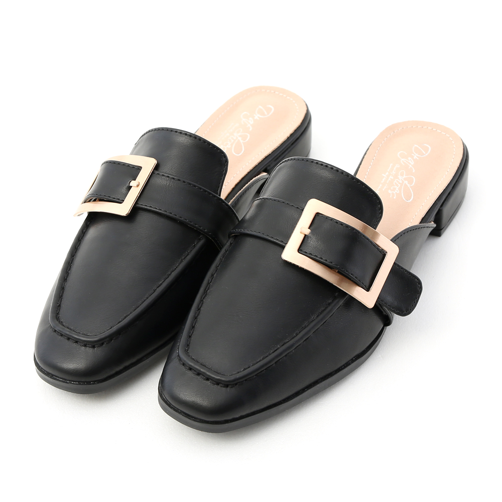 Elegant Square Ring Low Heel Mules Black
