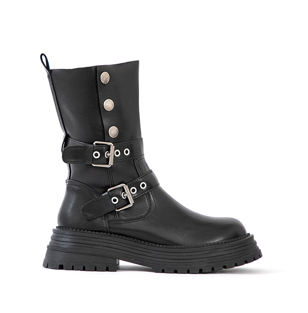 復古騎士釦環排釦機車短靴 黑色
