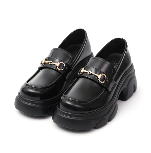 Trendy Horsebit Chunky Sole Loafers Black Patent