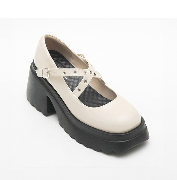Metallic Cross-Straps Thick Sole Mary Jane Shoes Vanilla