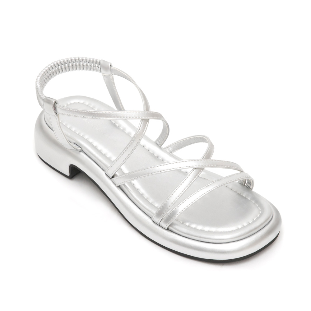 Cross-Strap Low-Heeled Sandals Silver