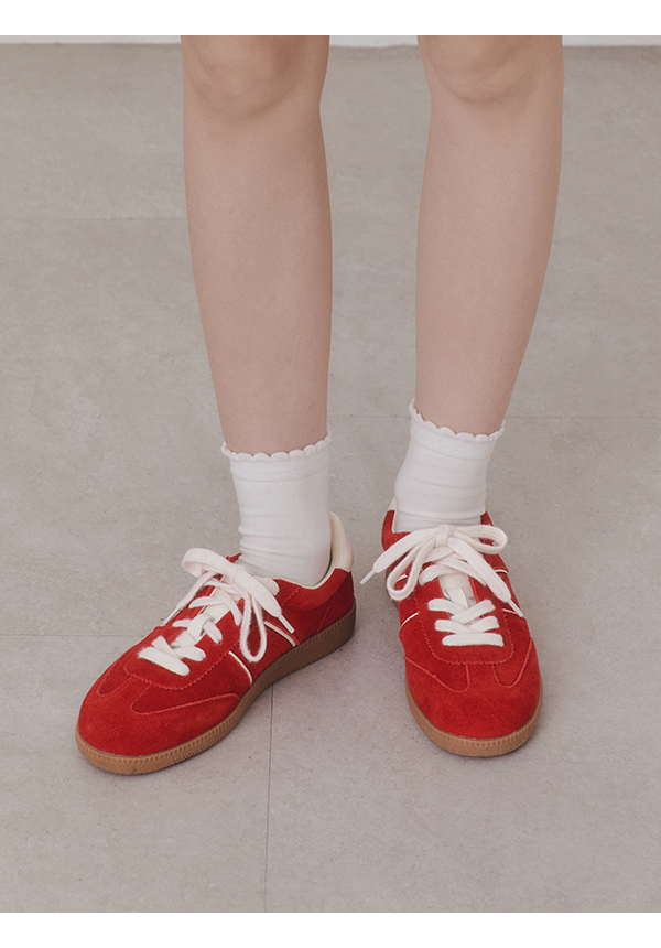 雙色鞋帶真皮復古德訓鞋 紅