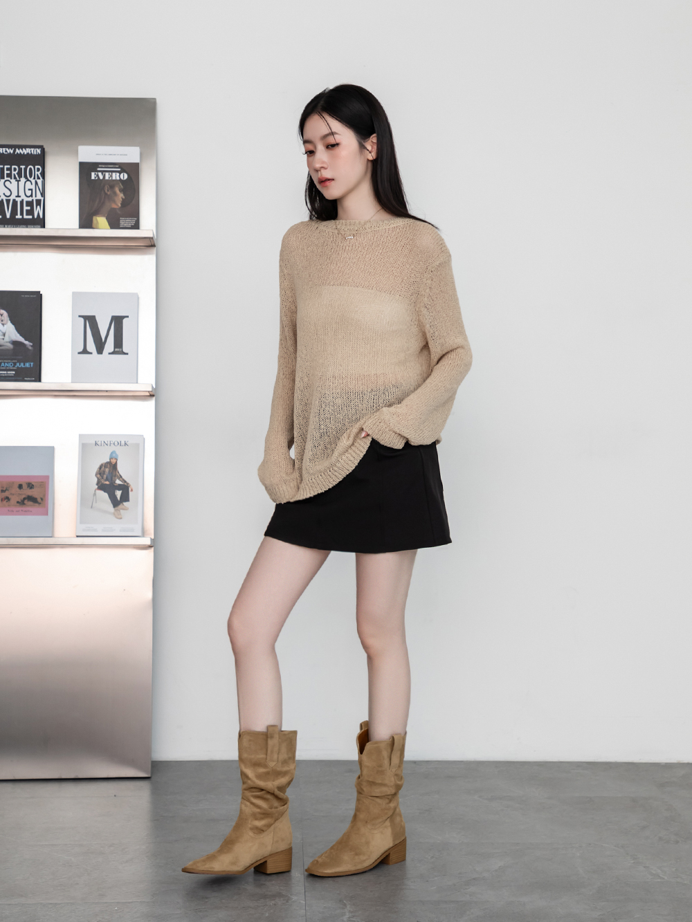 美拉德V口內增高西部堆堆靴 杏色