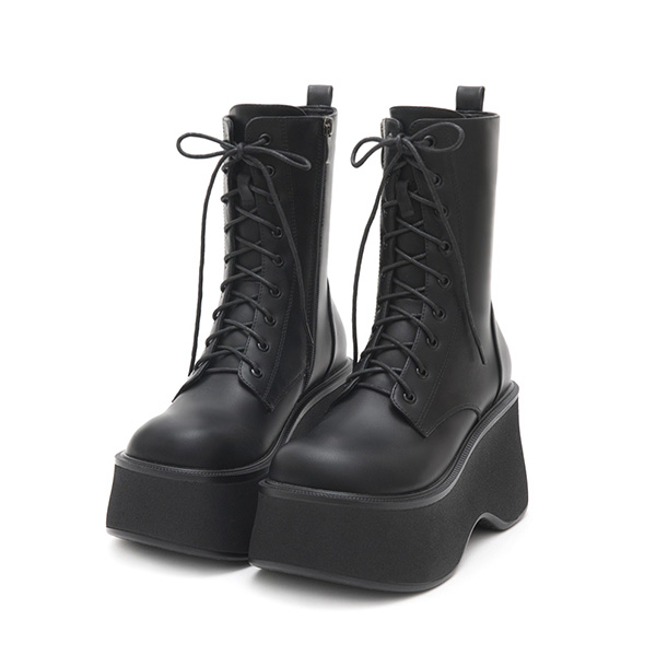 K-pop Girl Thick-Sole Lace-Up Ankle Boots Black