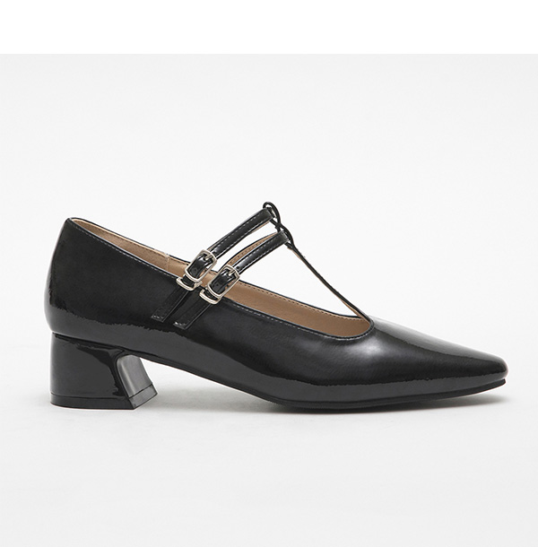 Patent T-Bar Mid-Heel Mary Jane Shoes Black