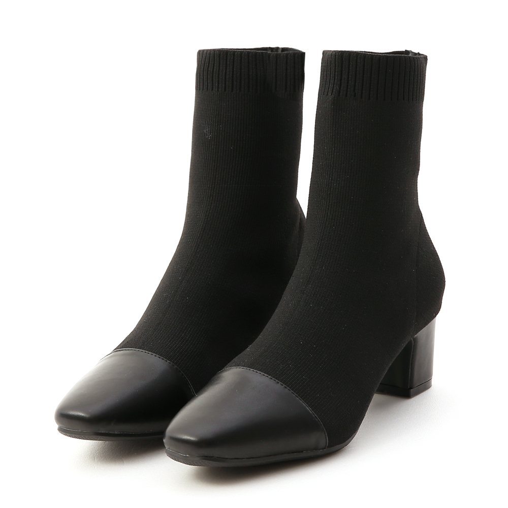 Cap Toe Knitted Sock Boots Black