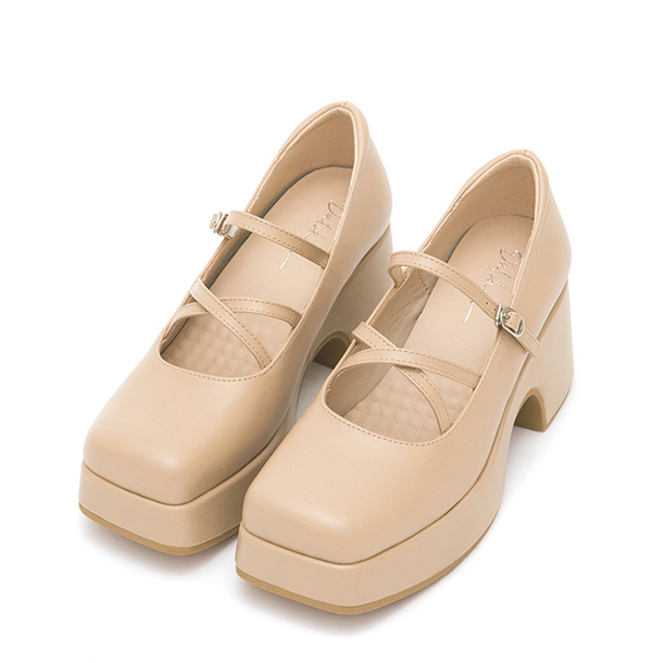 Square-Toe Cross-Strap Mary Jane Shoes Beige