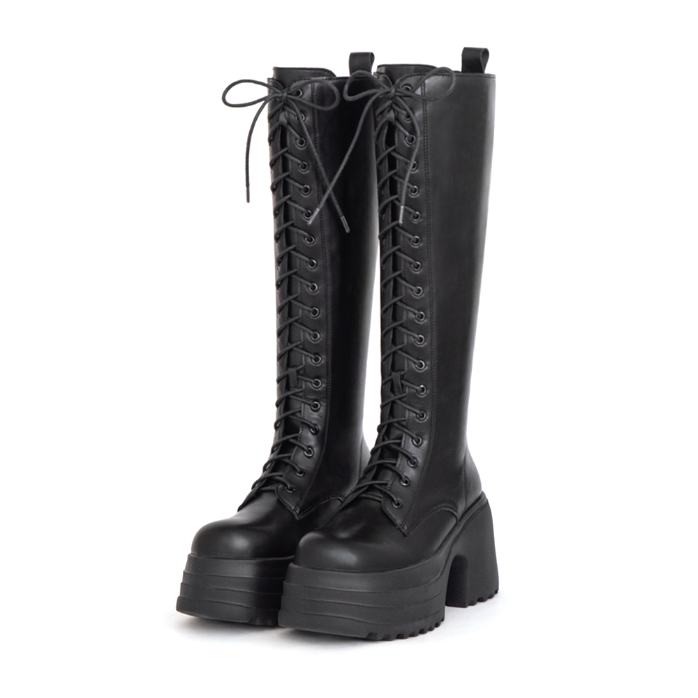 舞力全開增高加厚底綁帶長靴 黑色