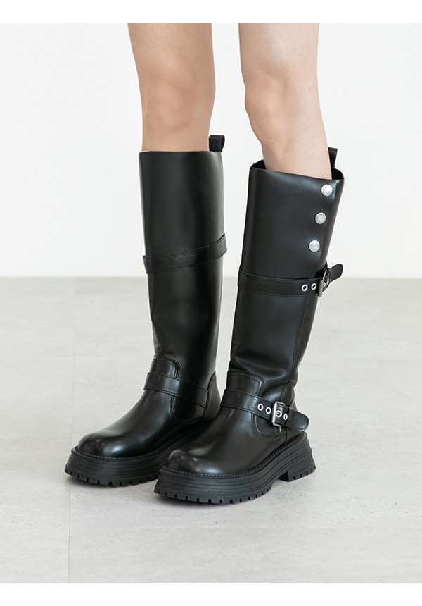 復古騎士釦環排釦機車長靴 黑色