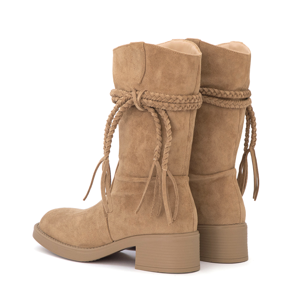 沙漠游牧風流蘇V口西部短靴 杏色