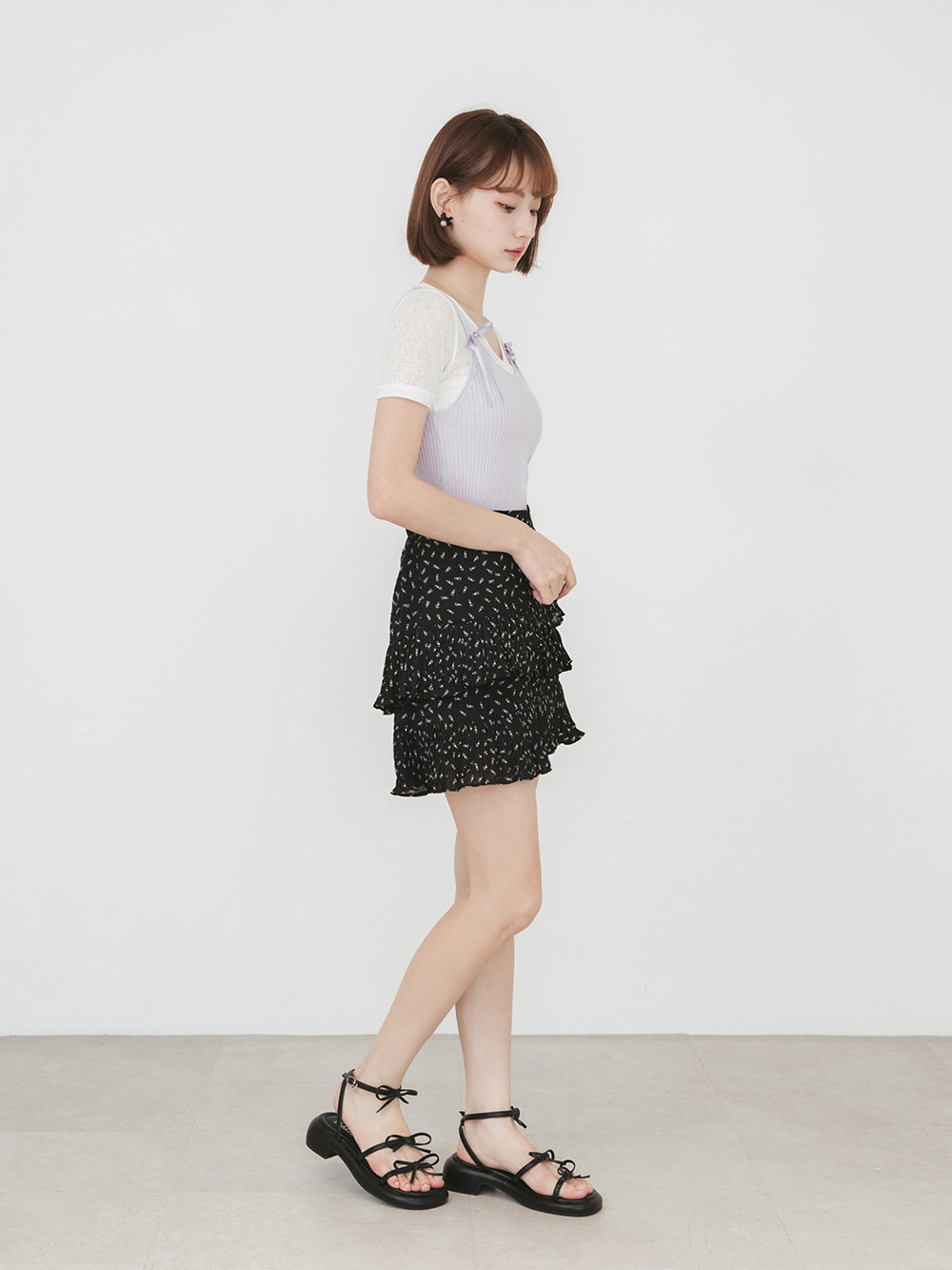 可愛三條帶蝴蝶結低跟涼鞋 黑