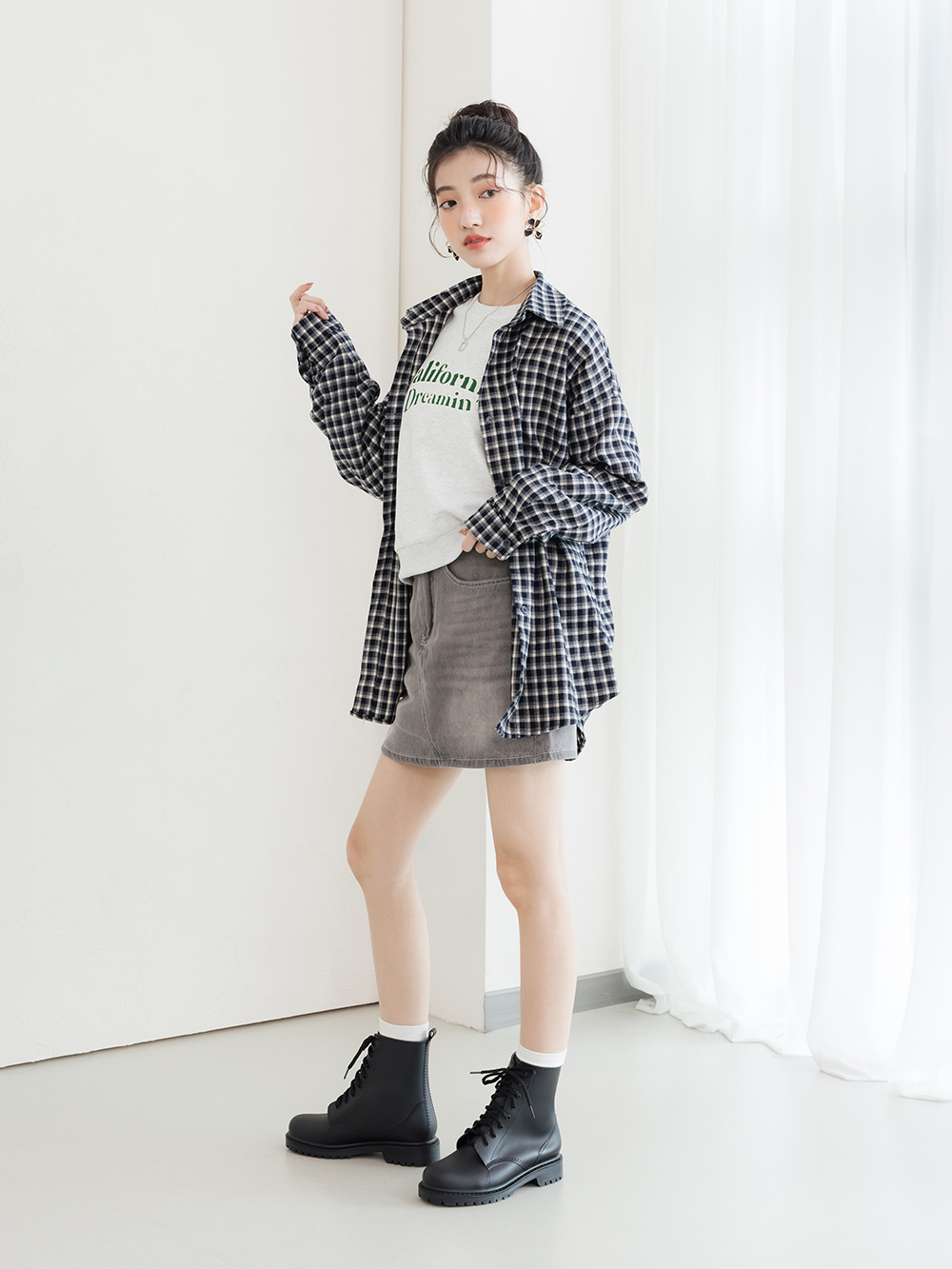 【機能鞋墊】綁帶造型短筒馬丁雨靴 黑色