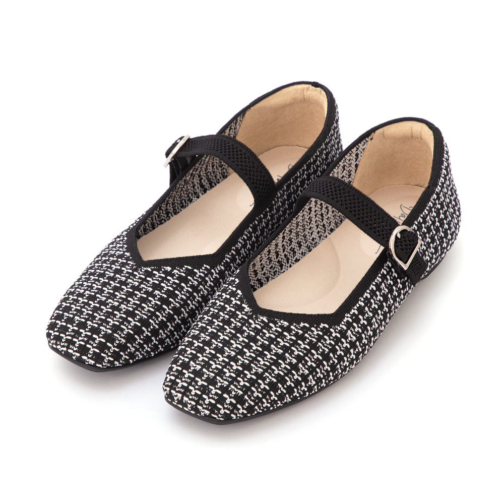 【3D零感雲織鞋】方頭瑪莉珍鞋 黑白毛呢