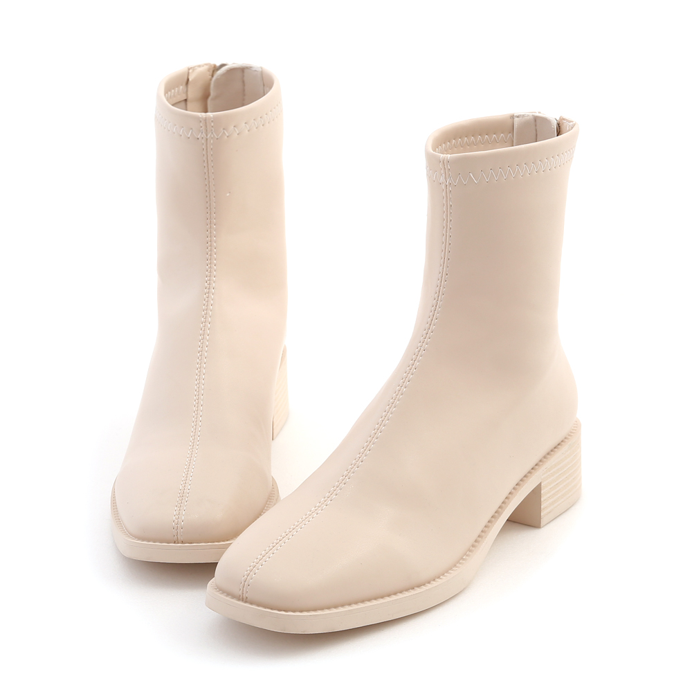 百搭時尚．中車線方頭木紋跟襪靴 百搭米