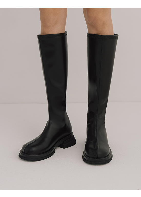 Plain Round Toe Under-The-Knee Boots Black