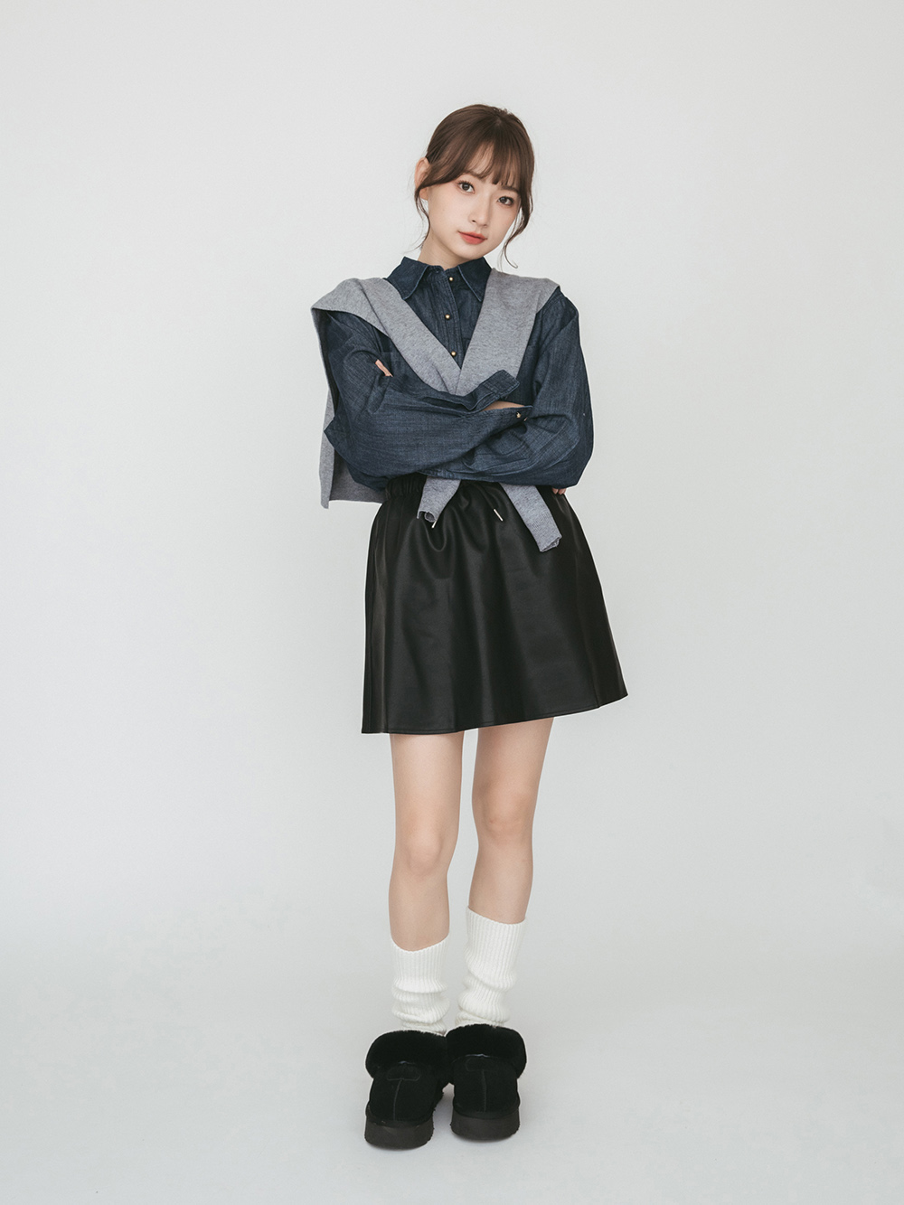 雪地精靈.真皮羊毛厚底雪靴拖鞋 時尚黑