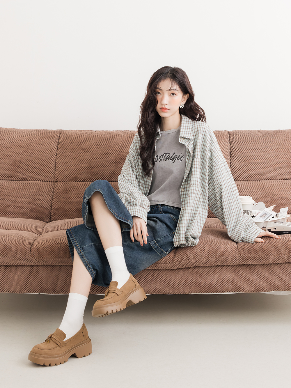 文創美感按摩鞋墊厚底樂福鞋 卡其色