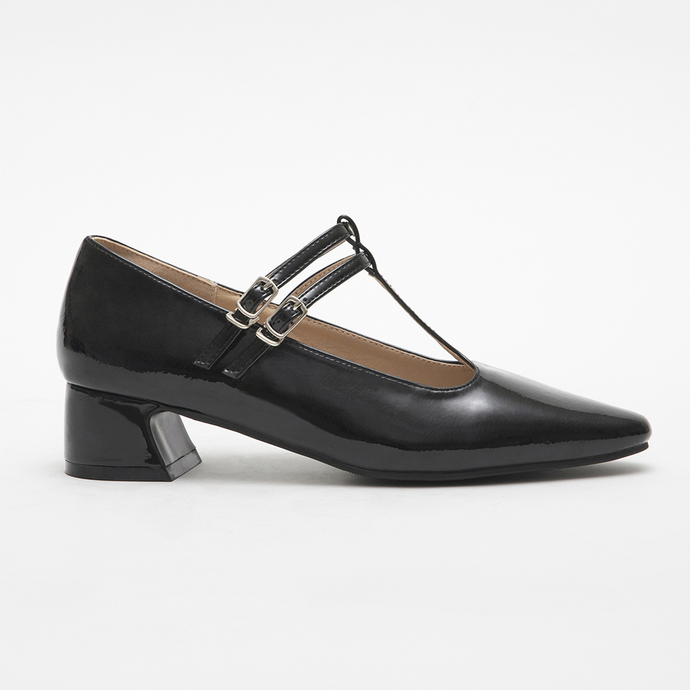 Patent T-Bar Mid-Heel Mary Jane Shoes Black