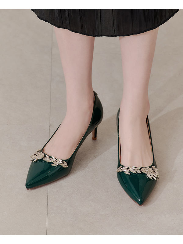 Luxurious Gem-Embellished Patent Leather 6cm Heels Green