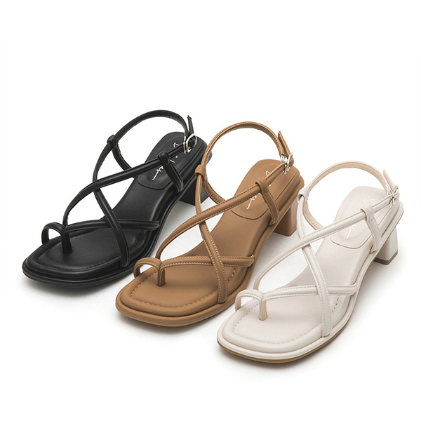 Elegant Thin Strap Square Toe Mid-Heel Sandals 棕