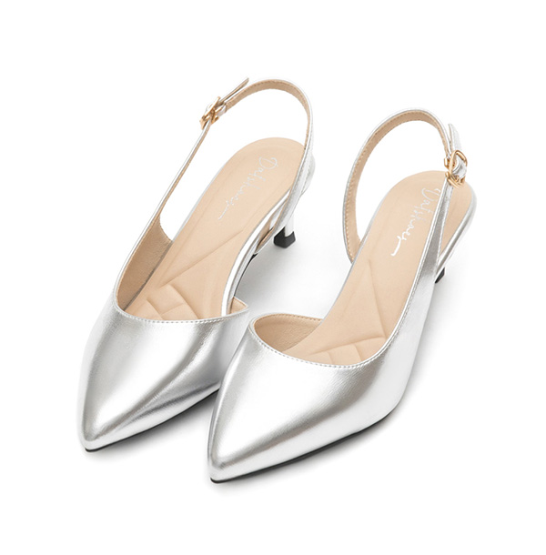 Pointed-Toe Mid-Heel Slingbacks 科技銀