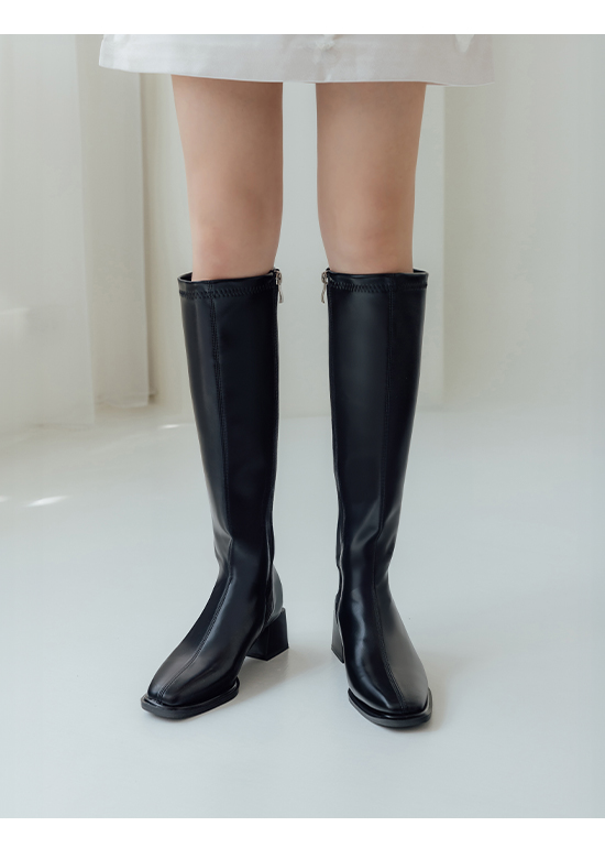 Plain Square Toe Mid-Heel Slimming Boots Black