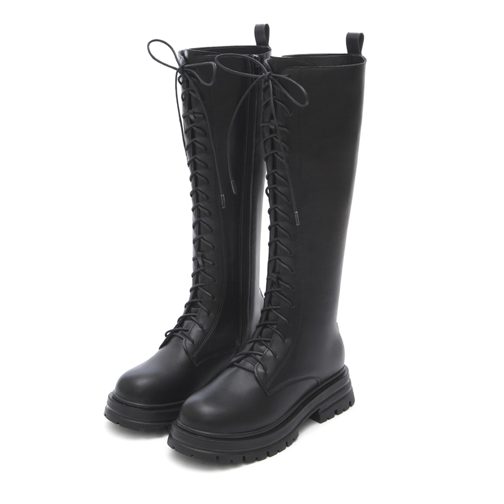 Platform Sole Lace-Up Combat Long Boots Black